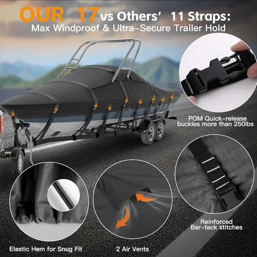 Vista 5 de Tuszom Cubierta para lancha de torre de esquí y wakeboard 900D 100% impermeable, a prueba de desgarros, remolcable, tamaño completo, para barcos