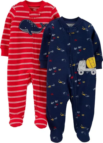 Vista 8 de Simple Joys by Carter's baby-boys 2-way Zip Thermal Footed Sleep and Play, Pack of 2 Rayas azules/tiburones blancos