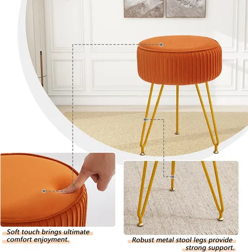 Vista 26 de Taburete de tocador de terciopelo, moderno taburete otomano con patas doradas ajustables, silla de maquillaje para tocador, silla de tocador pequeña