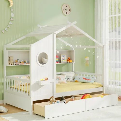 Vista 10 de KOMFOTT Cama de madera de tamaño individual con 2 cajones, marco de cama de madera con almacenamiento en cubos y rieles de valla, plataforma