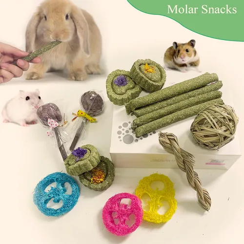 Vista 8 de Juguetes masticables de conejo para dientes, 16 piezas de juguete natural para masticar heno Timothy, mejora la salud dental