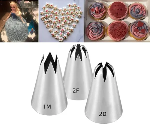 Vista 2 de Juego de puntas de glaseado grandes, 3 piezas, plata, estrella abierta, flor, juego de puntas de decoración de pasteles