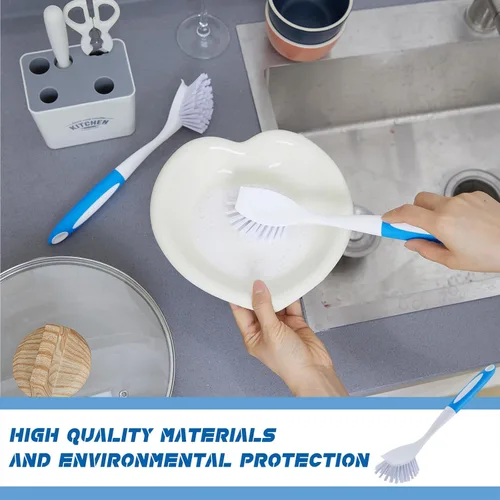 Vista 5 de Hsei 6 cepillos de cocina azules a granel con mango de 11 pulgadas para limpiar platos con cerdas rígidas, cepillos de lavado para limpieza de ollas