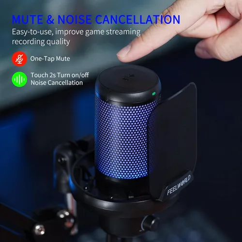 Vista 2 de FEELWORLD VM1 Micrófono USB para PC de juegos Micrófono condensador con cancelación de ruido Silencio Luz RGB, accesorios de computadora Regalos