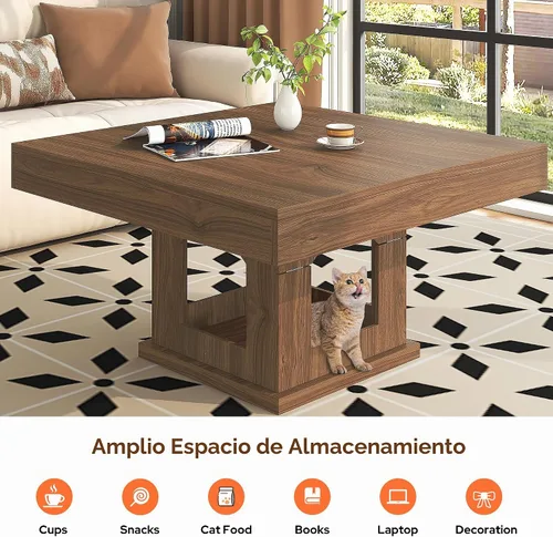 Vista 3 de [Usado] knoworld Mesa auxiliar cuadrada, mesa de centro de madera con almacenamiento y casa para gatos, mesa de cóctel marrón rústica para sala