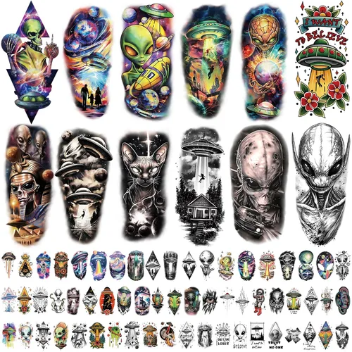 Tatuajes temporales de extraterrestres para adultos, 77 hojas de pegatinas grandes de tatuajes falsos de planetas y naves espaciales para jóvenes
