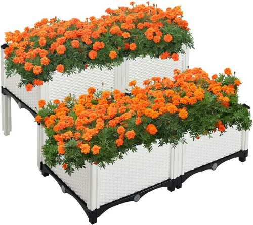 Vista 10 de Giantex Cama de jardín elevada, juego de 4 macetas elevadas con agujeros de drenaje para frutas y verduras, caja de plantación elevada al aire libre