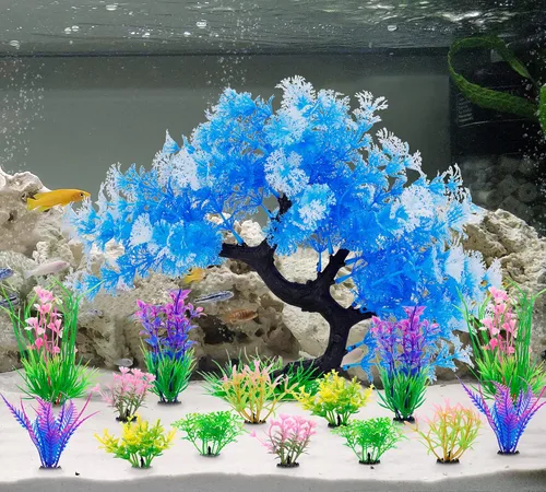 Vista 5 de MyLifeUNIT Decoraciones de Pecera, Paquete de 15 Plantas Artificiales de Acuario Conjunto de Árboles para Decoración de Tanque de Peces