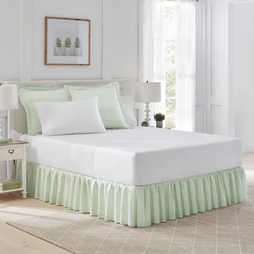 Vista 7 de Laura Ashley - Falda de cama de tamaño individual, ropa de cama de algodón suave con volantes para uso durante todo el año, ropa de cama a rayas