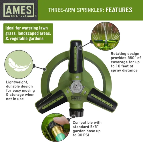 Vista 2 de AMES - Aspersor giratorio giratorio con 3 brazos, 360 grados, riego ajustable para césped o jardín, cobertura de área de rociado grande, fácil