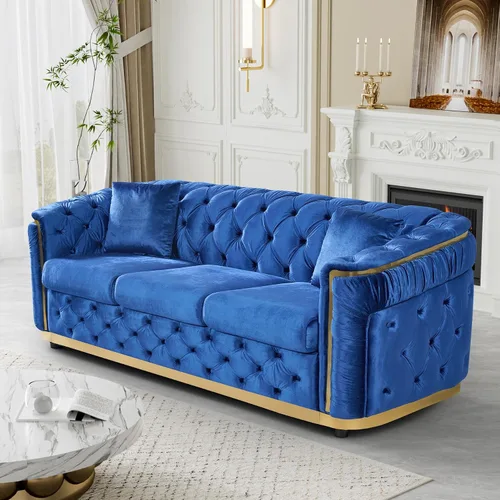 Vista 29 de Sofá Chesterfield de terciopelo de 62.5 pulgadas con respaldo copetudo y detalles dorados, beige Blanco