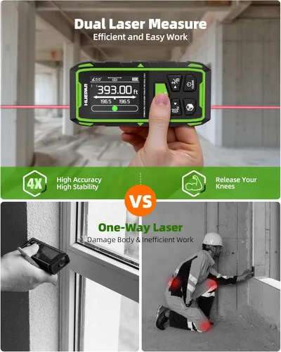 Vista 2 de Huepar Herramienta de medición láser dual profesional de 393 pies, herramienta de medición láser bilateral recargable, dispositivos de medición