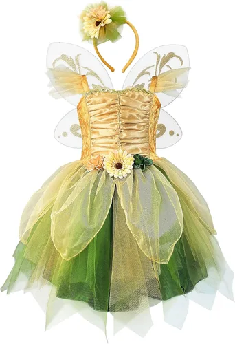 Vista 7 de DJDLPARTY Vestido de disfraz de hada para niñas, vestido verde de princesa, vestido de tutú con diadema y alas