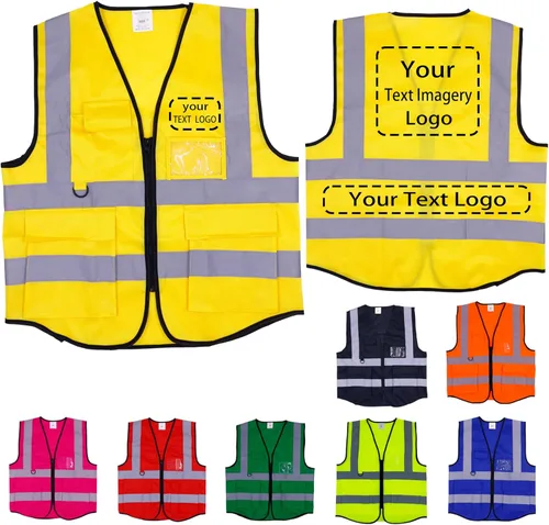 Vista 7 de Chaleco de seguridad personalizado para hombres con bolsillos, chaleco de construcción de alta visibilidad, chaleco reflectante Hi Vis, chalecos