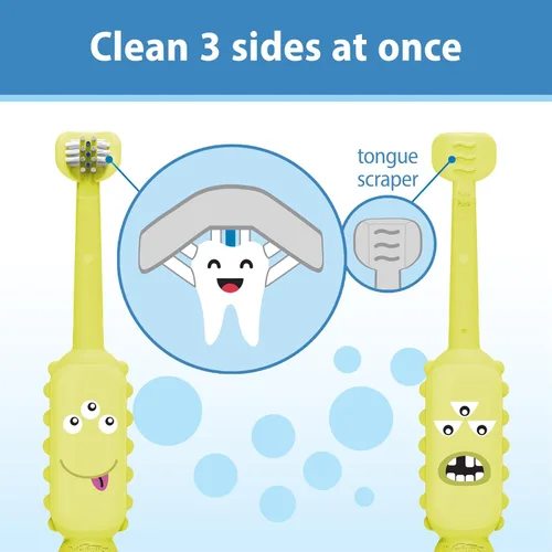 Vista 3 de Dr. Brown's ToothScrubber Cepillo de dientes para niños pequeños, cepillo de dientes de entrenamiento de triple cara con base de ventosa, monstruo