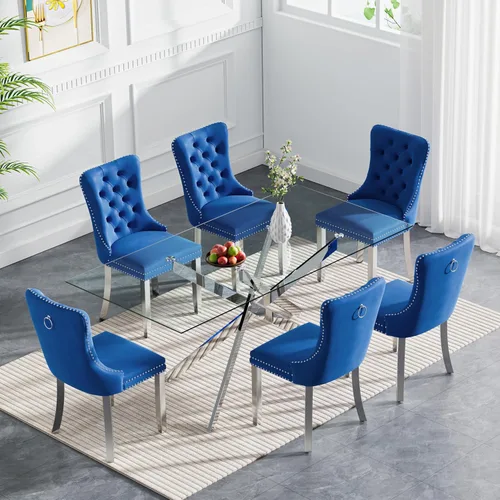 Vista 18 de Juego de 4 mesas de comedor modernas de 36 pulgadas, mesa de comedor redonda de vidrio templado y 4 sillas de comedor de terciopelo beige, mesa