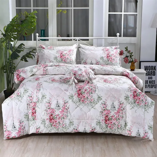FADFAY Juego de edredón de 3 piezas con diseño floral de rosa rosa, tamaño individual, edredón floral vintage de verano, 100% tela de algodón con