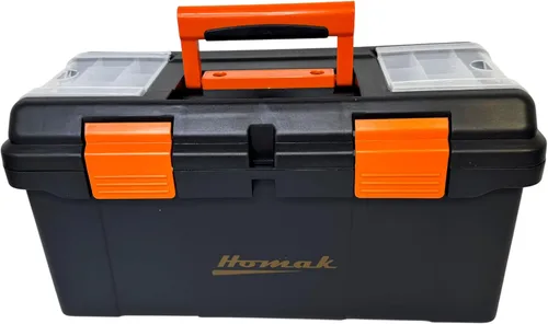 Homak Caja de herramientas de plástico con bandeja y divisores, color negro, 19.25 pulgadas