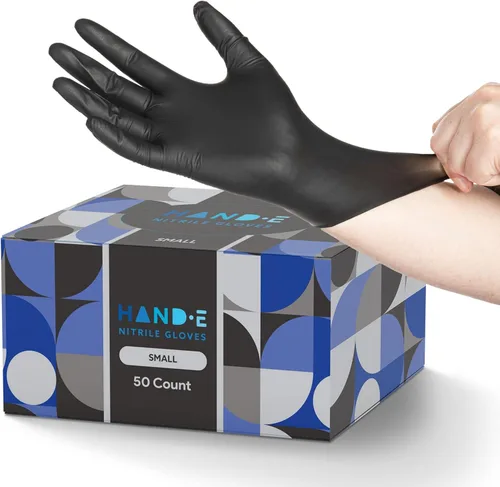 Vista 8 de Hand-E Touch Guantes desechables de nitrilo negro, talla M, 50 unidades, para barbacoa, tatuaje, tinte para el cabello, cocina, guantes mecánicos
