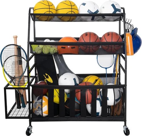 STORAGE MANIAC Ball Storage Bin Rolling Sports Ball Cart, Metal Garage Organizer Sport Rack Basketball Storage Cage for Garage or Gym, Indoor &