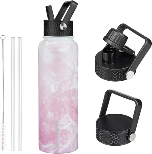 Vista 113 de BJPKPK - Botellas de agua aisladas con tapa de popote, botella de agua de acero inoxidable de 27 onzas con 3 tapas, termo de metal libre de BPA a