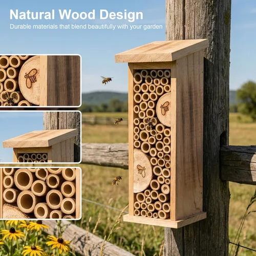 Vista 3 de Casa de pájaros Abeja Colmena Insectos de madera Casa colgante de bambú Insectos Hoteles para jardín al aire libre decorativo