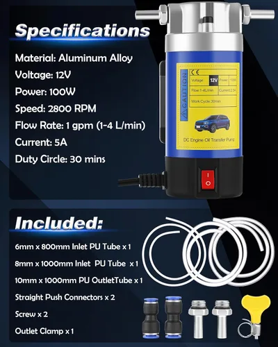 Vista 5 de Bomba de aceite 12V 100W, bomba extractora de aceite para cambio de aceite del motor, bomba eléctrica de transferencia de fluidos para aceite