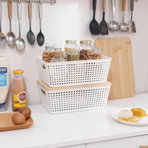 Vista 8 de Contenedores de almacenamiento pequeños con tapas, 6 unidades, cesta de almacenamiento de plástico con tapa de bambú para organización de despensa