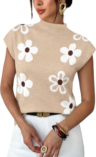 Vista 30 de Sampeel Suéter de manga corta para mujer, cuello alto, para verano, elegante, informal, básico, de punto