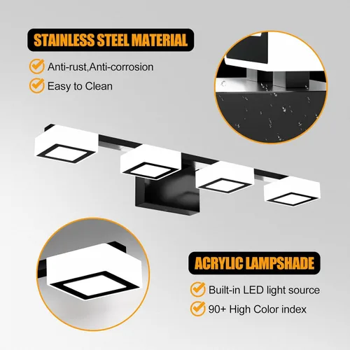 Vista 10 de Lámparas LED modernas para baño, 4 luces regulables con 5 modos de color, accesorios de iluminación de pared de baño acrílico negro mate sobre