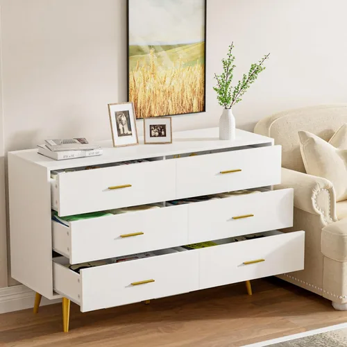 Vista 4 de CARPETNAL Cómoda blanca para dormitorio, cómoda de 6 cajones con cajones anchos y asas de metal dorado, aparadores de madera y cómoda de pasillo