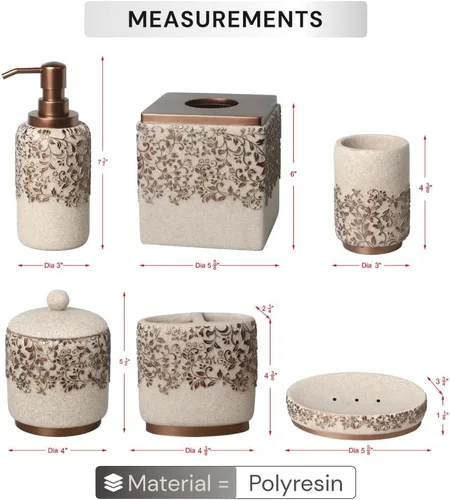 Vista 7 de Decozen Juego de accesorios de baño, 6 piezas, dispensador de jabón, soporte para cepillos de dientes, vaso, jabonera y tarro de hisopo de algodón