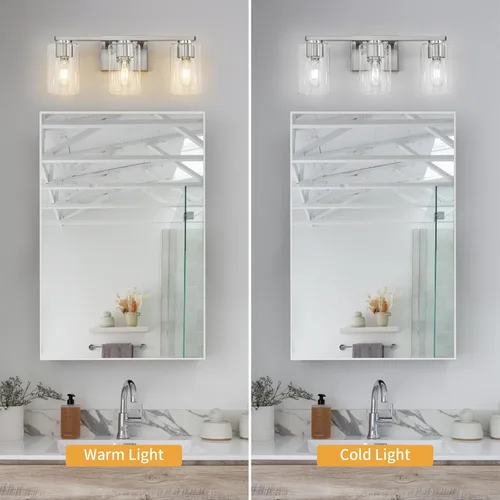 Vista 6 de WILON Lámpara de tocador de baño, 3 luces de tocador modernas de color negro claro con apliques de pared de vidrio transparente con vidrio cepillado