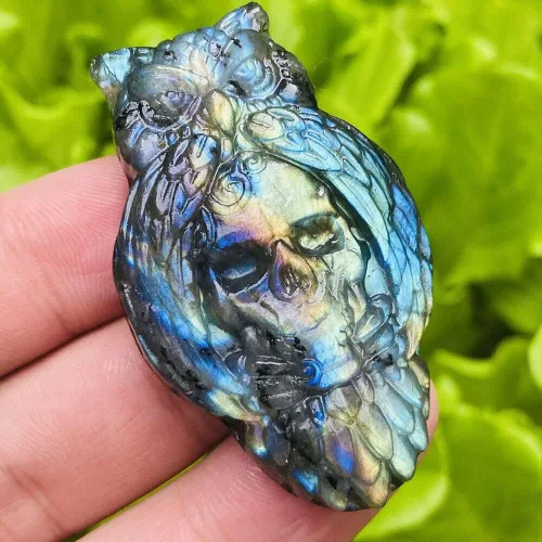 Vista 3 de TEAMWILL 1 pieza de cristal de labradorita natural tallado búho cráneo espécimen de reiki regalo curativo