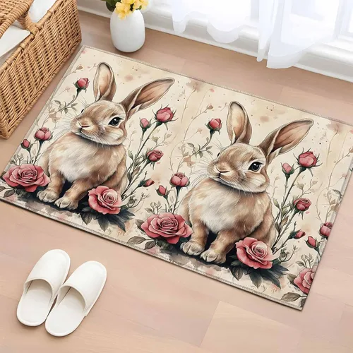Small Area Rugs 2x3 Ft, Spring Bunny Non-Slip Area Rugs for Living Room Bedroom Entryway, Easter Flower Floral Watercolor Retro Washable Carpet