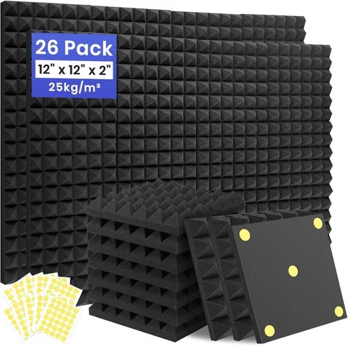 Focusound Paquete de 26 paneles de espuma a prueba de sonido para paredes, paneles de espuma acústica piramidal de 12 x 12 x 2 pulgadas, paneles