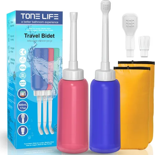 Bidé portátil azul + rosa para mujeres y niños con 2 boquillas + tubo escalable – Bidés de viaje de 16.9 fl oz – Peri Bottle Bidé personal de mano