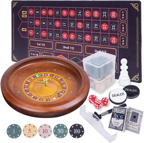 Juego de ruedas de ruleta de madera, rueda de ruleta de madera maciza de 20 pulgadas con rastrillo retráctil de virutas, 200 fichas, marcador de