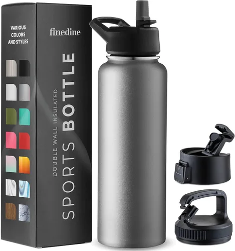 Vista 60 de FineDine Botellas de agua aisladas de triple pared con popote, botella de metal de acero inoxidable de 25 onzas con 3 tapas a prueba de fugas