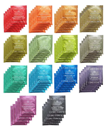 Vista 2 de Surtido de prueba de tés de Harney & Sons, 42 unidades (14 sabores diferentes, 3 bolsas de té de cada uno), con paquetes de cristales de miel