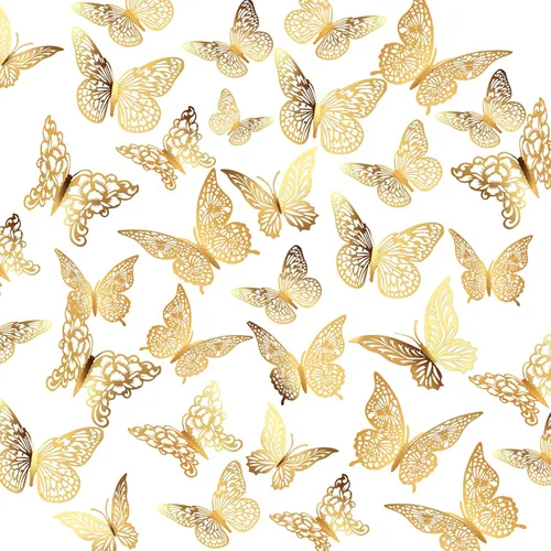 Vista 18 de Decoración de pared de mariposa dorada 3D, 3 tamaños, 4 estilos, decoraciones de fiesta de mariposas, decoraciones de pasteles, calcomanías