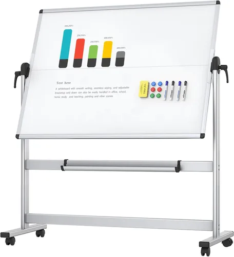 VIZ-PRO Pizarra blanca magnética portátil de doble cara, 48 x 36 pulgadas, pizarra de borrado en seco con ruedas con marco de aluminio y soporte |