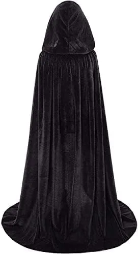 Vista 5 de YOLSUN Capa negra de bruja con capucha para mujer, capa de terciopelo con capucha para Halloween y cosplay