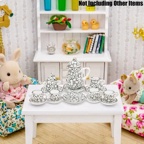 Vista 5 de Odoria Juego de té de porcelana en miniatura 1/12, 15 piezas, accesorios de decoración de casa de muñecas, flor de ciruelo