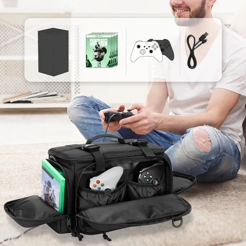 Vista 4 de Tactical Console Carrying Case Compatible with Xbox Series XS, Protective Travel Bag with Multiple Pockets for Controllers, Discs, Cables and Other
