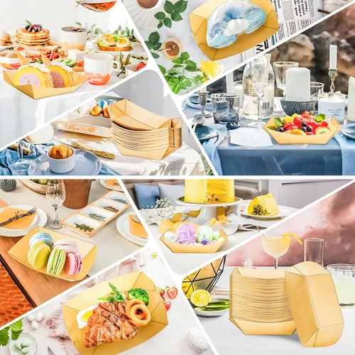 Vista 5 de MotBach Paquete de 120 bandejas de papel desechables de 2 libras de papel para barcos, bandeja de servir comida kraft, cestas para aperitivos