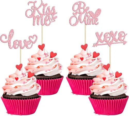 Vista 10 de Ephlyn 24 adornos para cupcakes con purpurina para el día de San Valentín, dulce amor, corazón, día de San Valentín, decoración para cupcakes