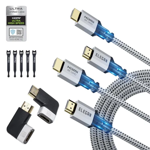 Vista 8 de Elecan Cable HDMI 2.1 de 8K (certificado) de 2 pies / 2 unidades, cable HDMI trenzado de 48 Gbps para 8K @60Hz 4K @120Hz 2K 1080P, Dynamic HDR, eARC