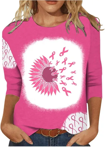 Pink Breast Cancer Shirts for Women Fashion Pink Ribbon Awareness Sweatshirt Causal 34 Sleeve Crewneck Pullover Tops