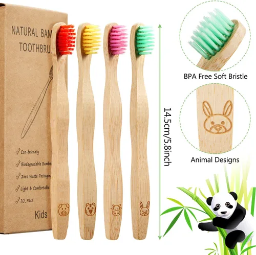 Vista 2 de Cepillo de dientes de bambú para niños, 16 piezas, cerdas suaves, cepillo de dientes natural, cepillos de dientes de madera para niños con cerdas